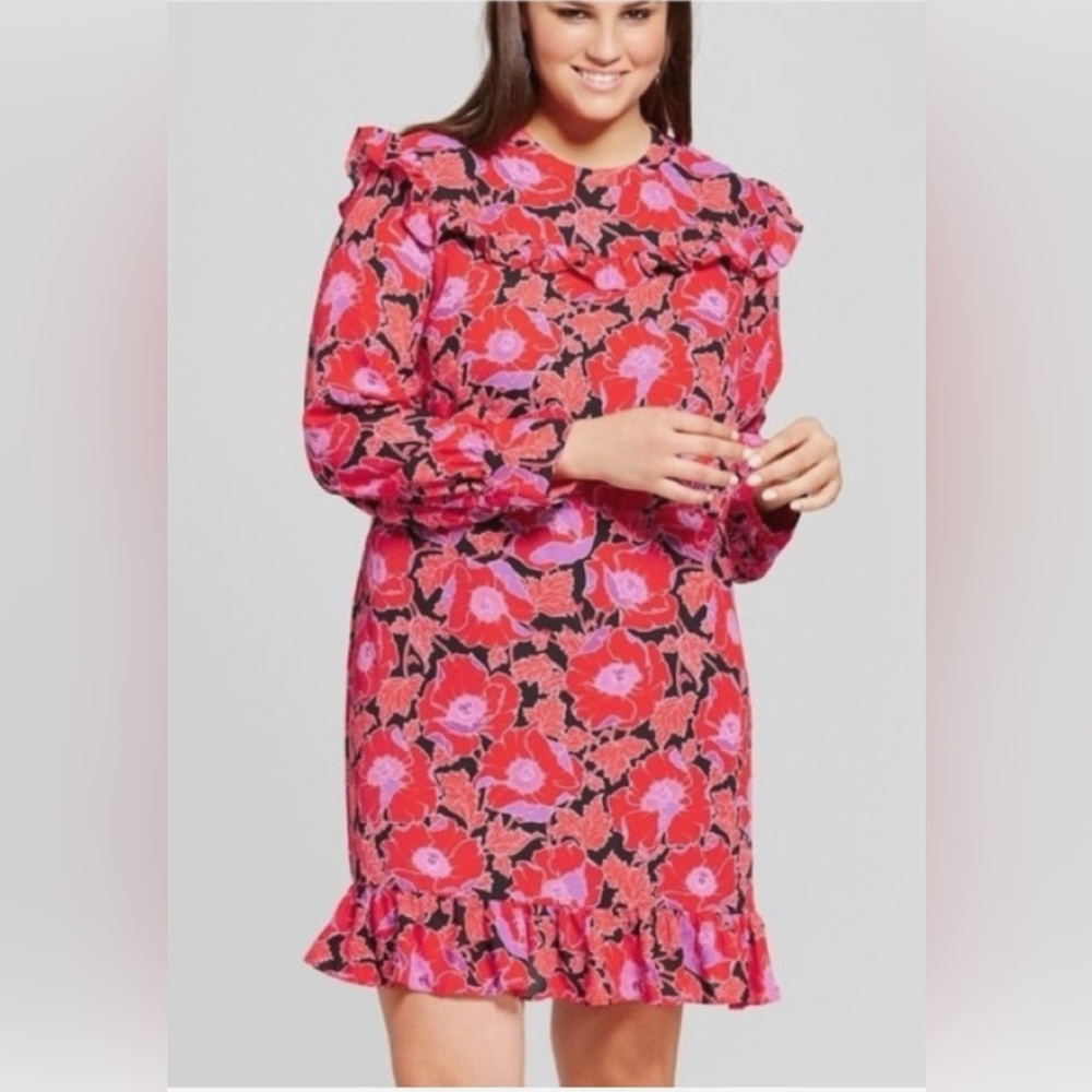 Who What Wear Pink Floral Long Sleeve Ruffle Dress - Picture 2 of 4